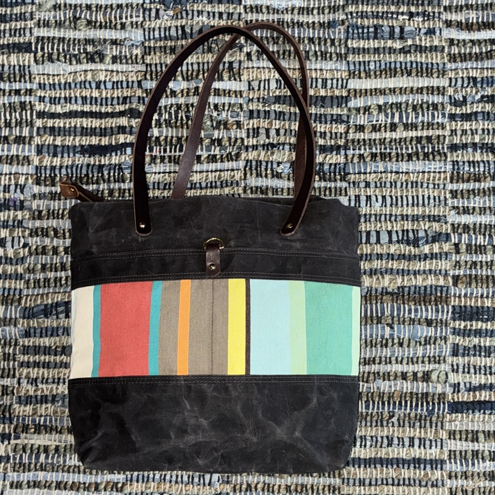 Large Distressed Canvas Striped Tote Bag